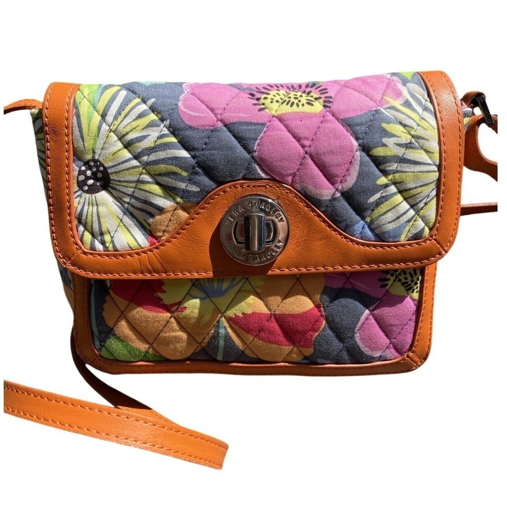 Vera Bradley Floral Quilted Crossbody Bag Tan Trim Turn Lock Multi Color Small‎